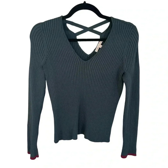 Skies Are Blue Sweaters - Skies Are Blue Green Cross Back Ribbed Sweater V Neck